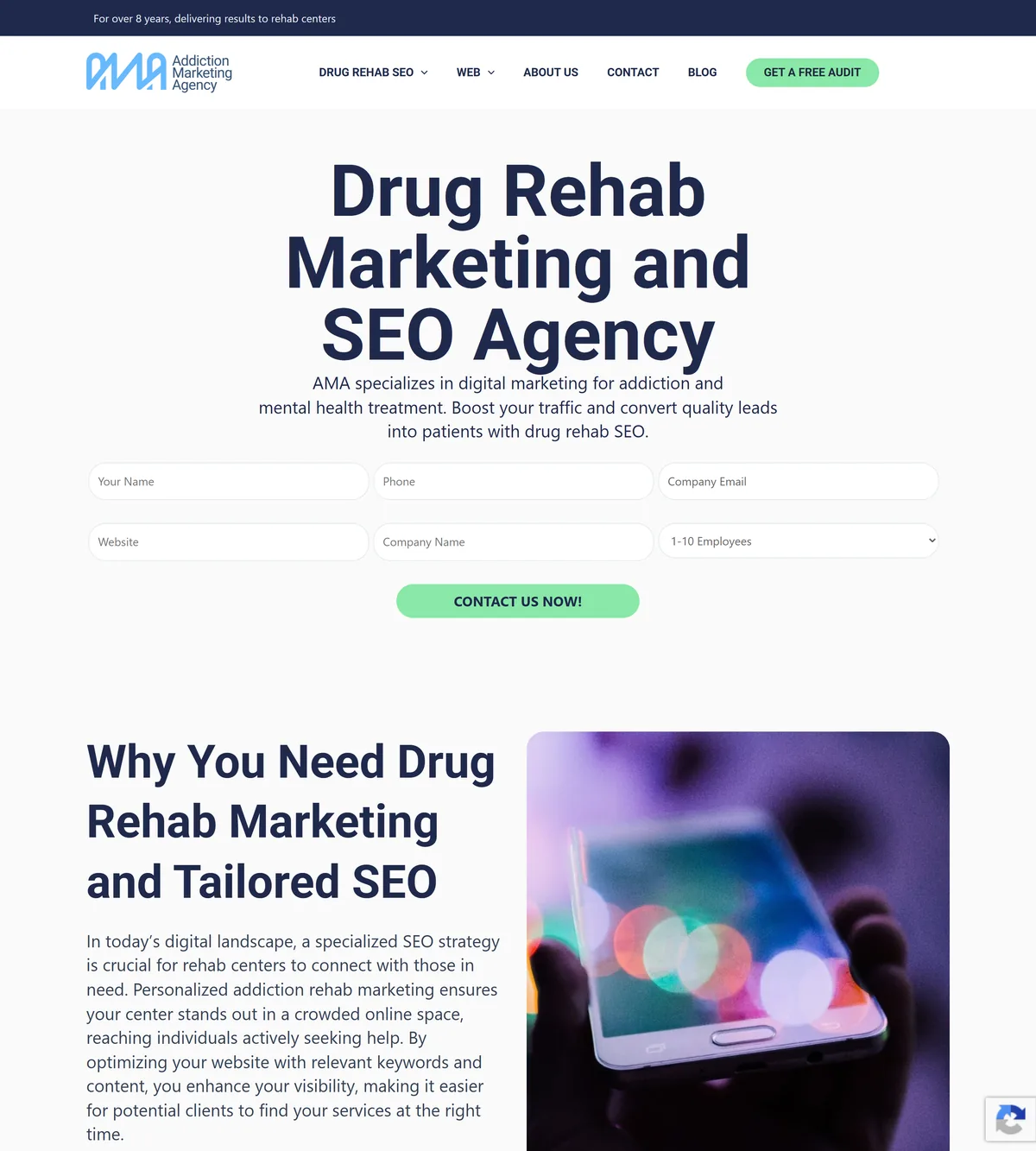 The previous Addiction Marketing Agency homepage: script wordmark, navy-and-mint palette, a wall of form fields