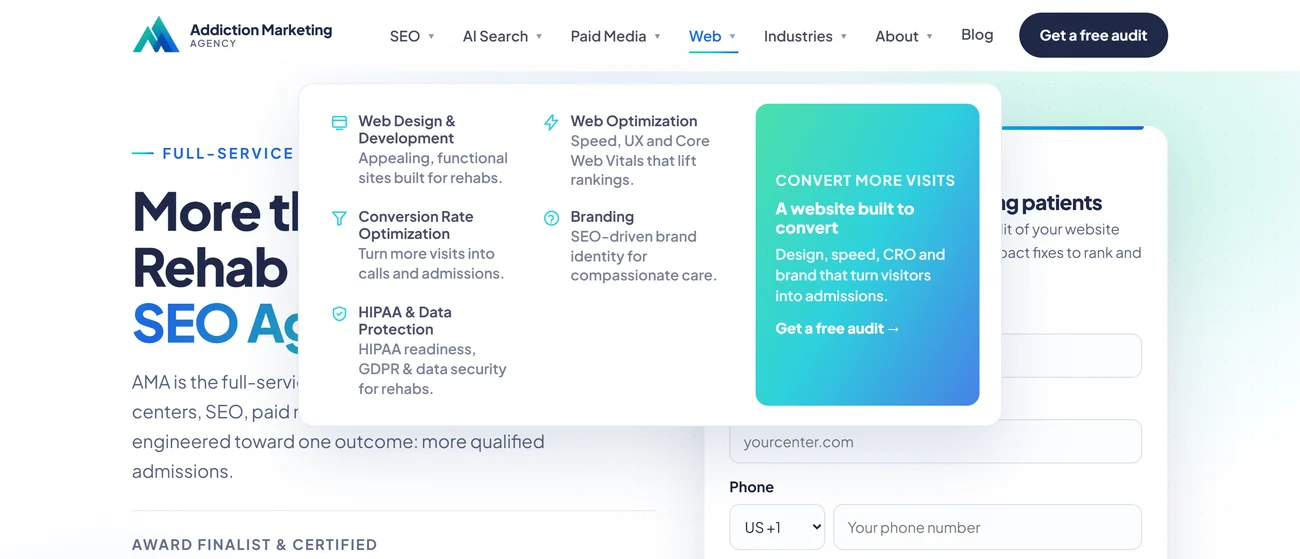 New navigation: a full mega-menu laying out every service with labels and descriptions
